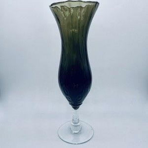 Smoke Glass Handblown Vase Footed Pedestal Textured Ruffled Green Gray 10"
